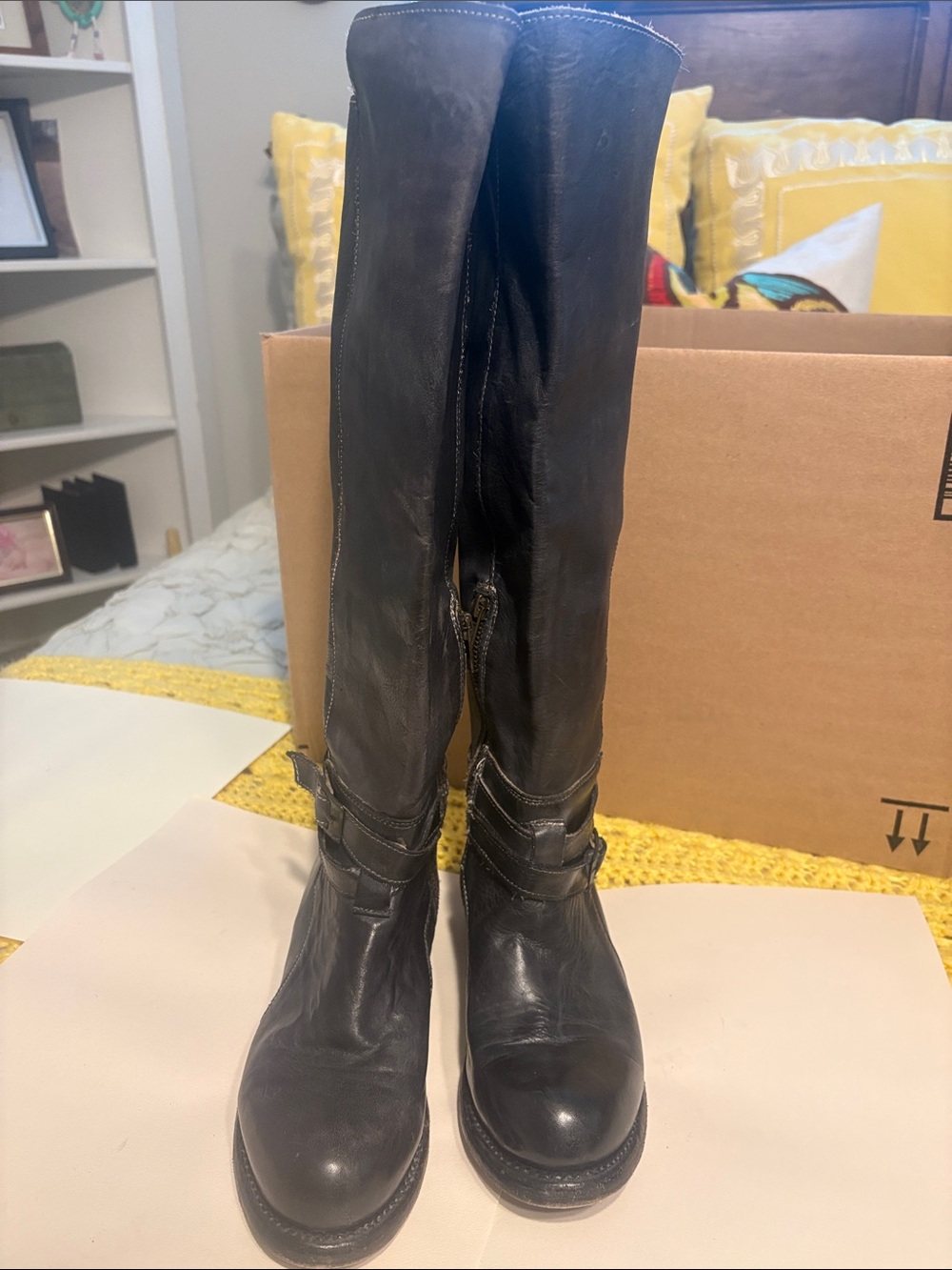 Bed Stu Black Leather Knee-High Heeled Boots